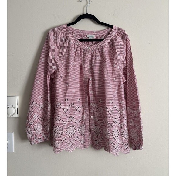Sundance Womens Small Top Eyelet Embroidered Red Pink White Nautical‎ Coastal - Picture 1 of 5